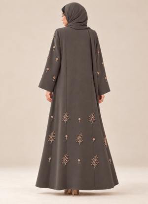 Charcoal taupe abaya back portrait