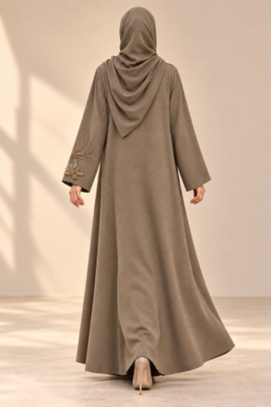 Elegant olive-taupe abaya, rear view