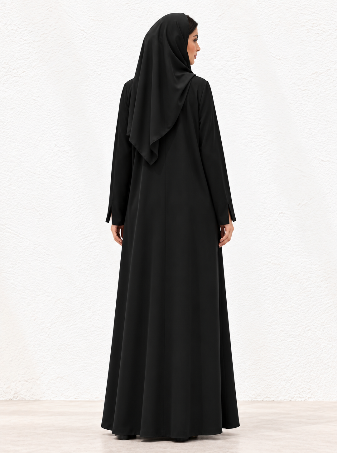 Full-length black abaya, rear view