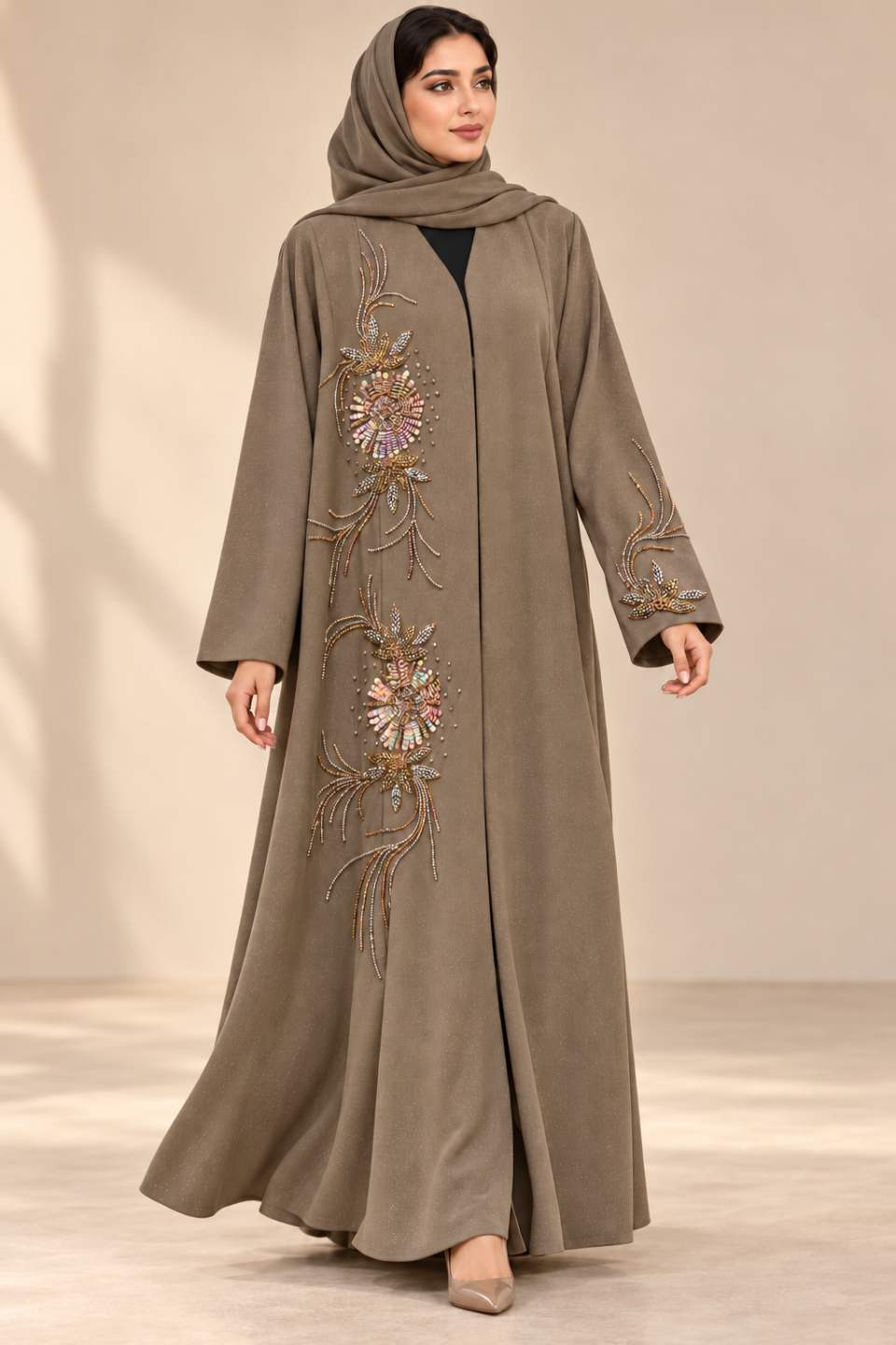 Emblished Abaya - Taupe